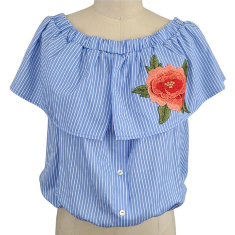 Haute Project Embroidered Floral Top L Blue Multi Boho Coastal Resort Vacation